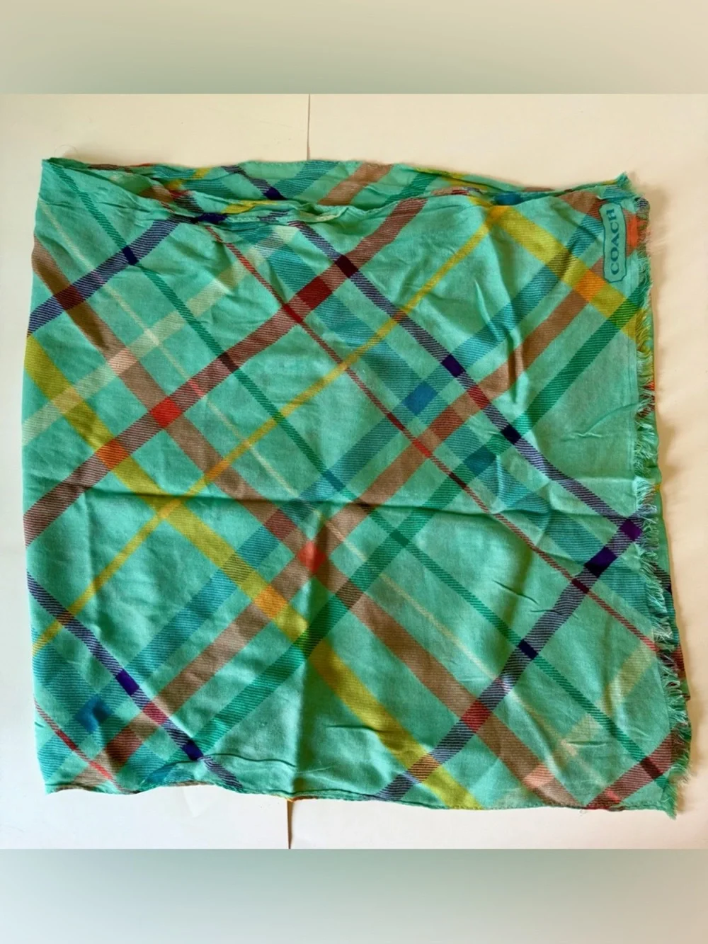 Coach Mint Plaid Oblong Scarf with Multicolor Stripes - Picture 3 of 5